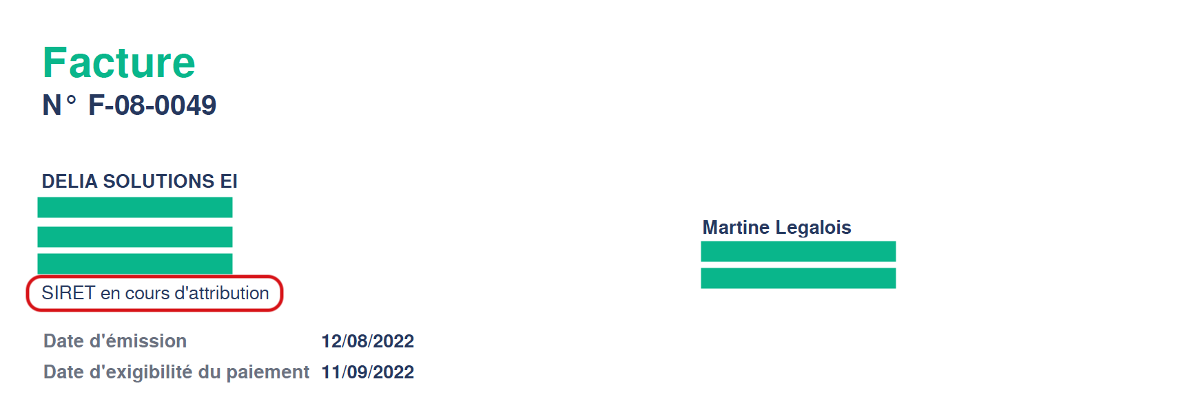 Exemple en tête facture avec SIRET en cours d'attribution