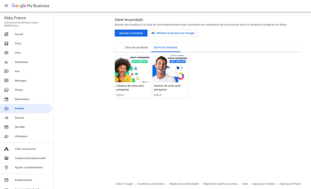 Page produit sur GMB