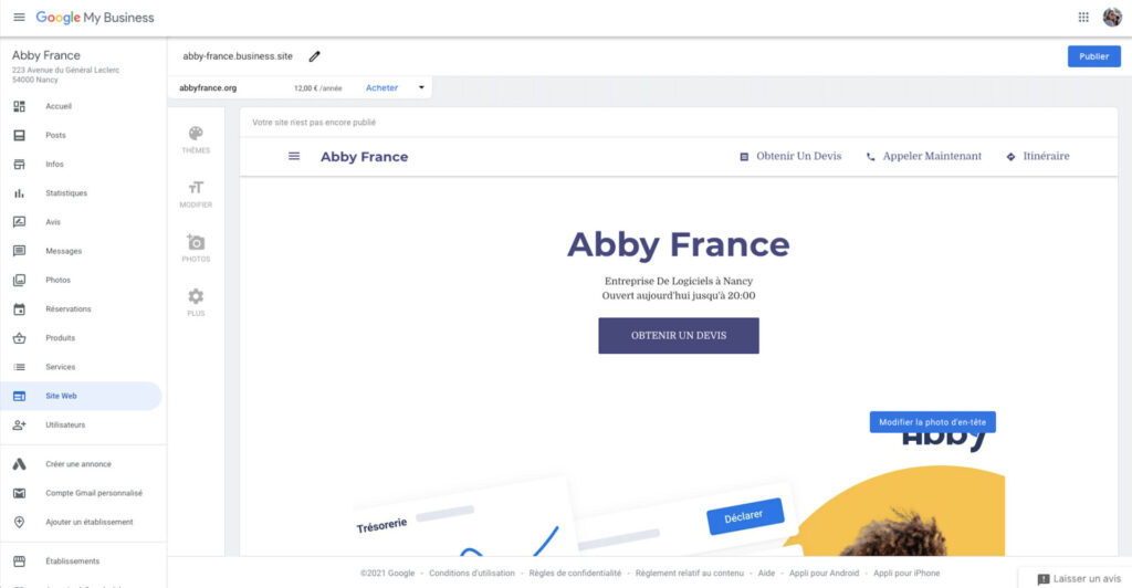 Page site web sur GMB