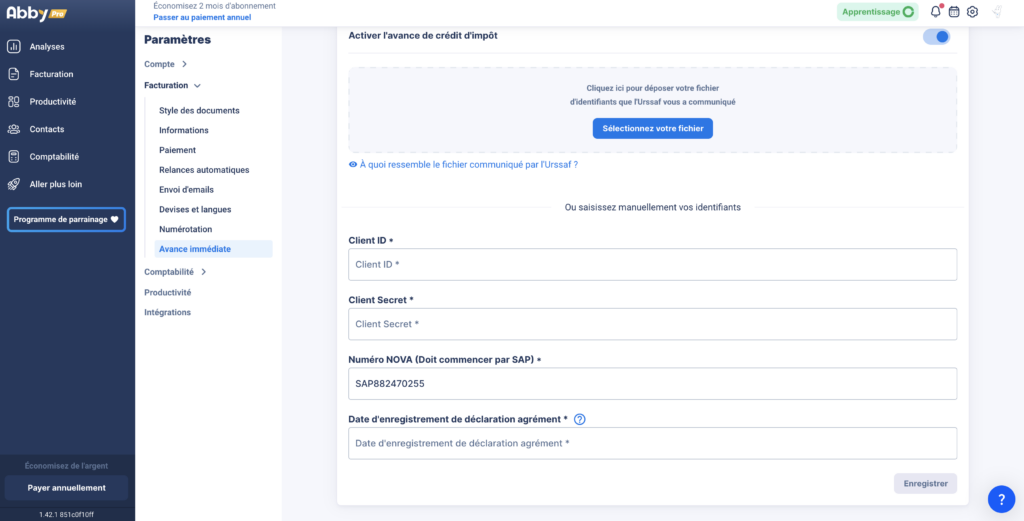 Capture d'écran paramétrage avec Abby
