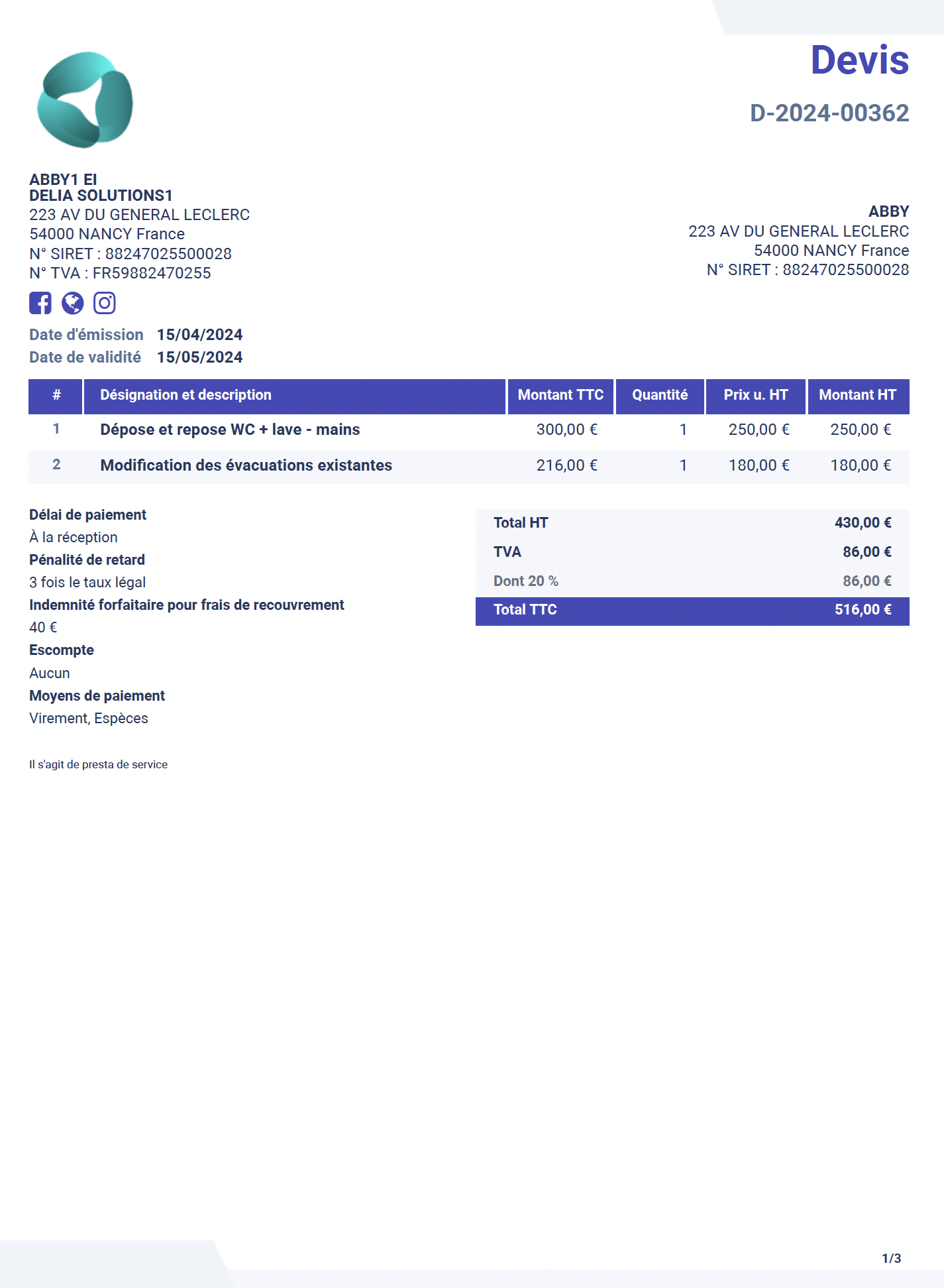 Exemple devis plombier