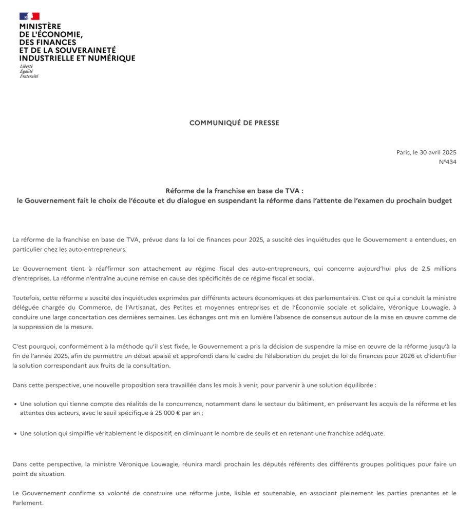 communiqué de presse suspension reforme de la tva